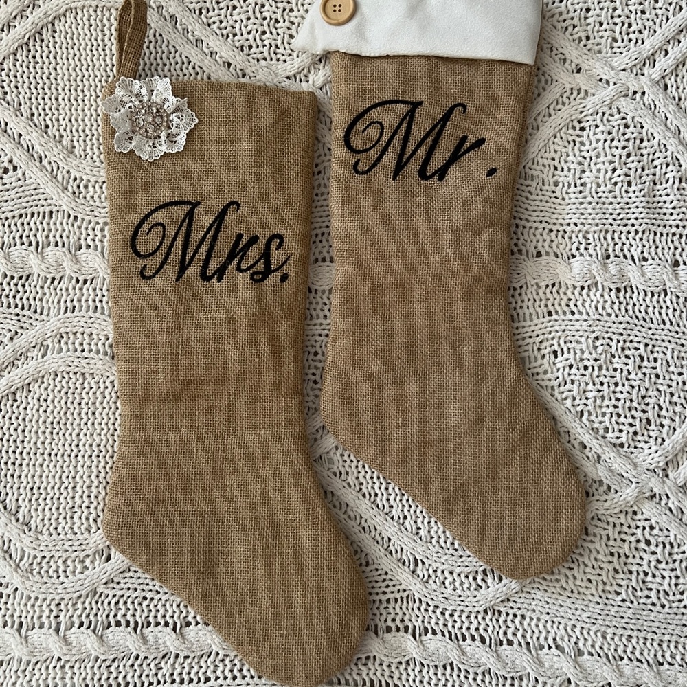 Tan Burlap Christmas Stockings Set - Mr. & Mrs.